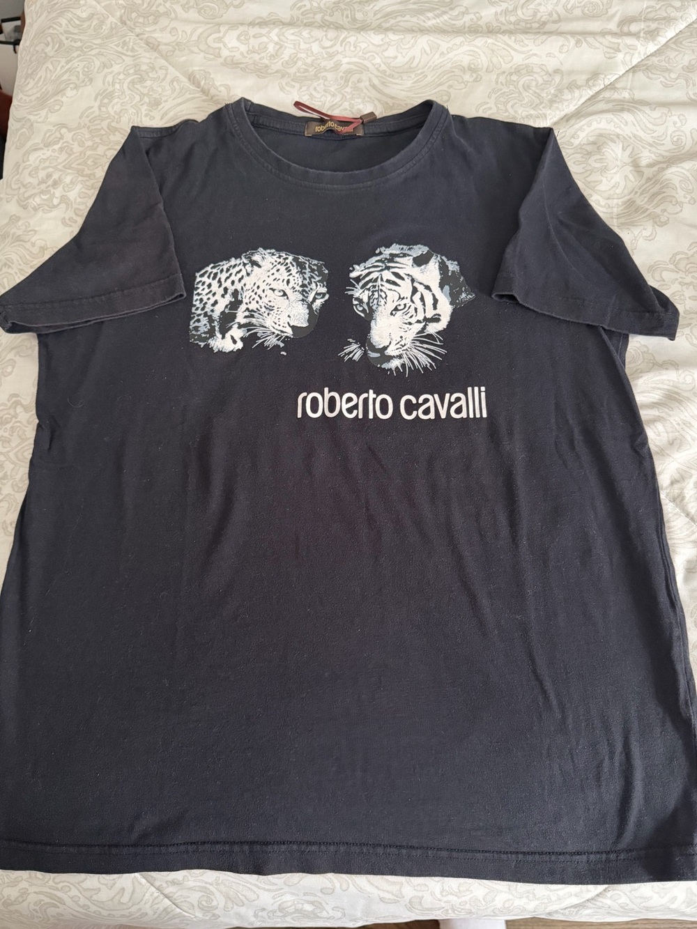 Roberto Cavalli Black Graphic Tee with White Logo and Animal Motif